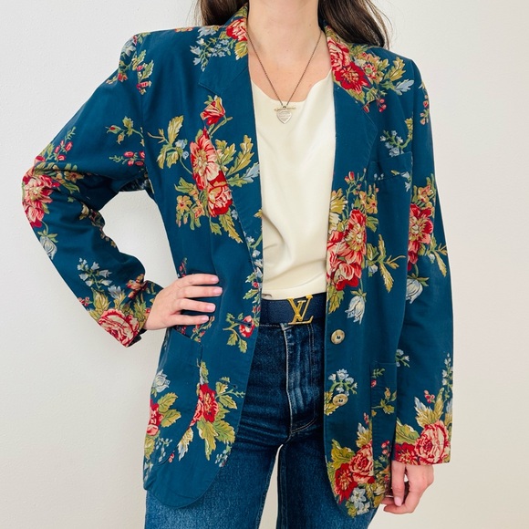 Vintage Liz Sport Floral Print Blazer Jacket, Oversized Long Fit Boho - Picture 2 of 10